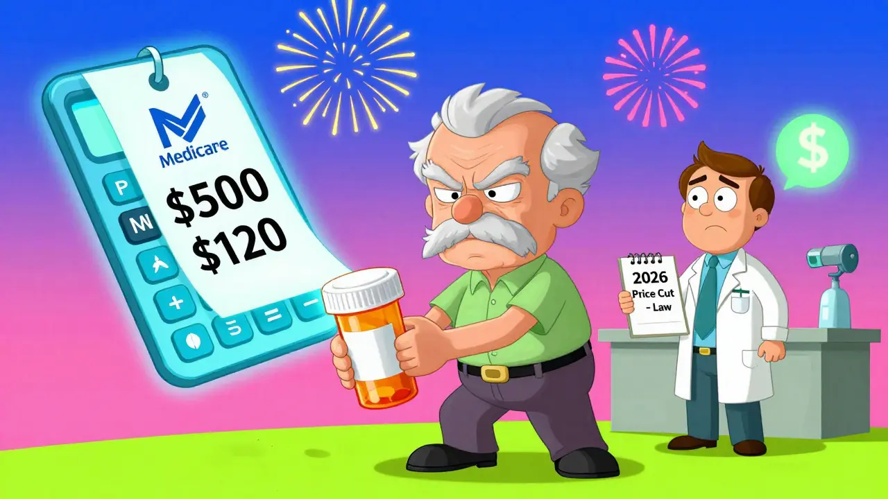 An elderly person watches their prescription price drop from 0 to 0 as a Medicare calculator glows beside them.