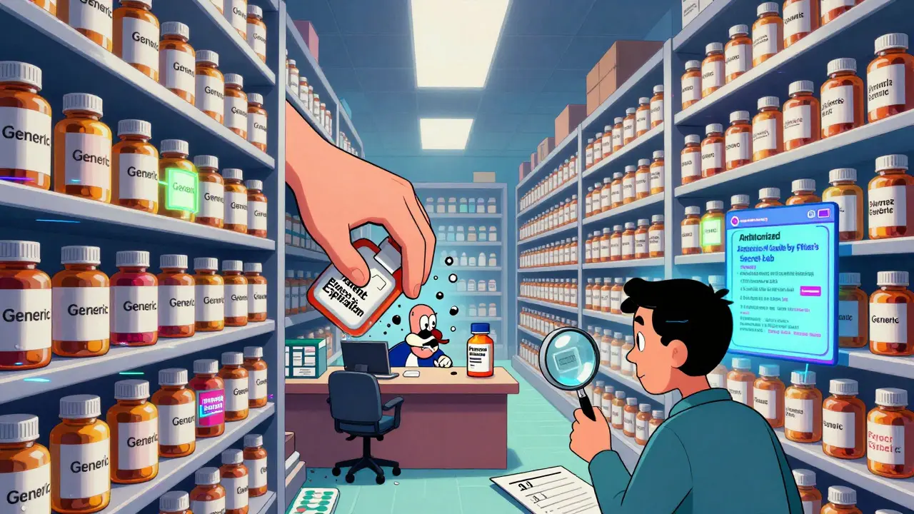 An infinite pharmacy shelf with glowing authorized generic pills, a patient reading a labeler code.