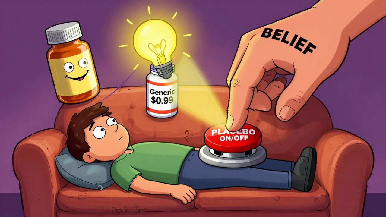 Anthropomorphic pill bottles compete as a giant 'BELIEF' hand toggles a placebo switch, lighting up only the branded pill.
