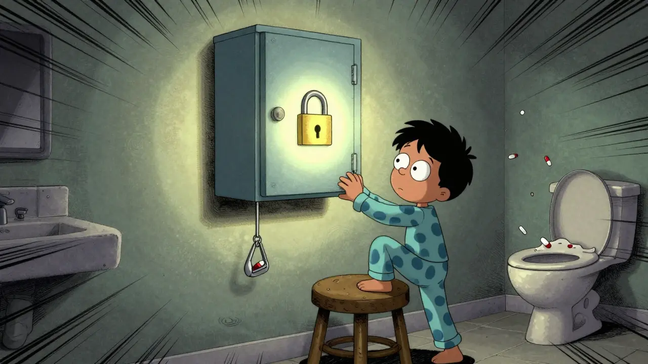 Child climbing a stool to reach a locked medicine cabinet above, safety latch dangling.