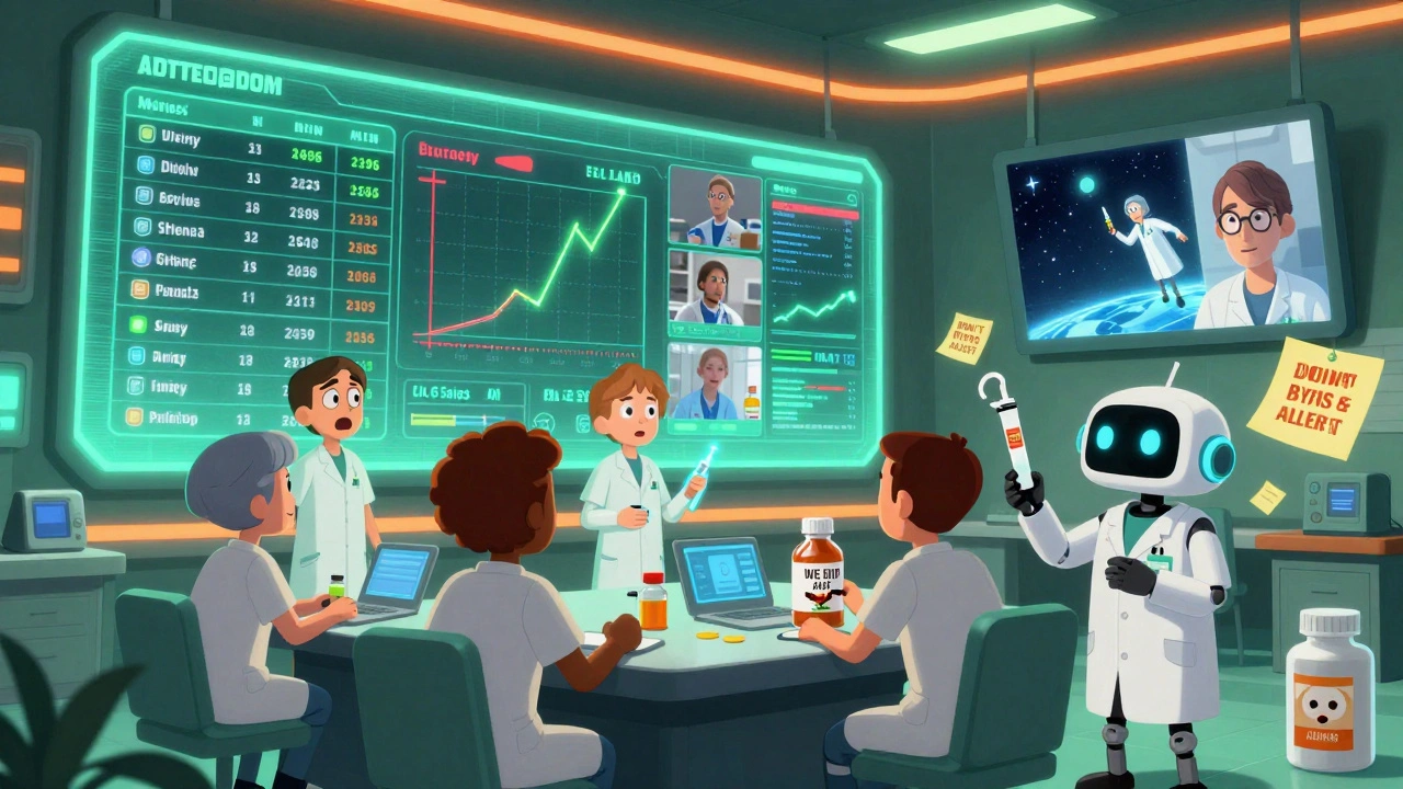 Control room with holograms, AI predictions, and a robot compounding meds under pulsing neon lights.