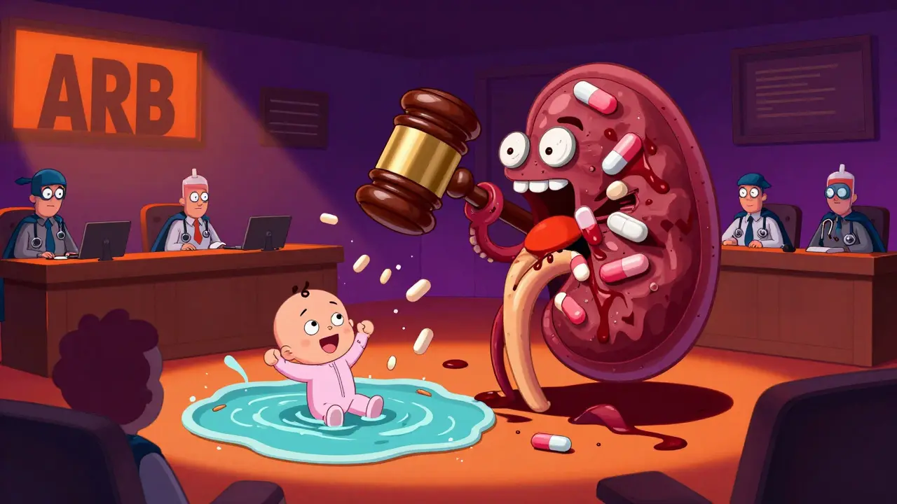 Courtroom inside a kidney with a pill gavel defeating a monstrous ARB villain while a baby cheers.
