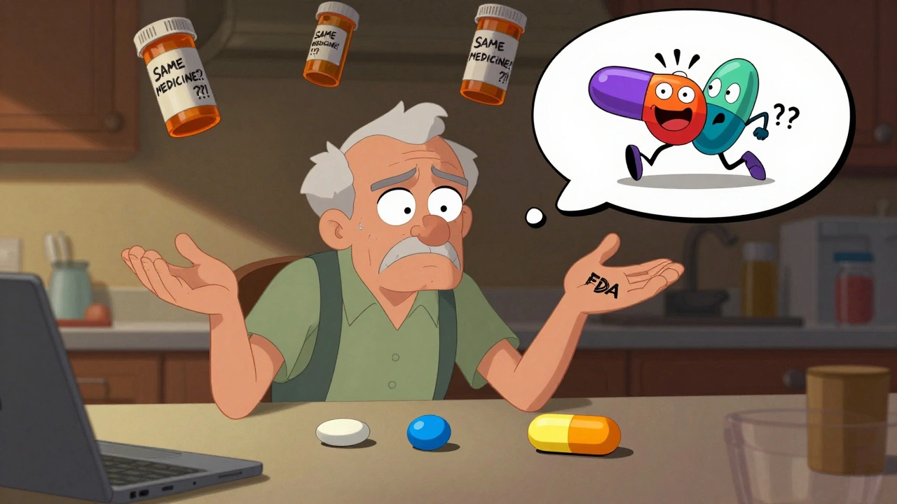 Elderly man confused by changing pill shapes on kitchen counter with giant shrugging hand