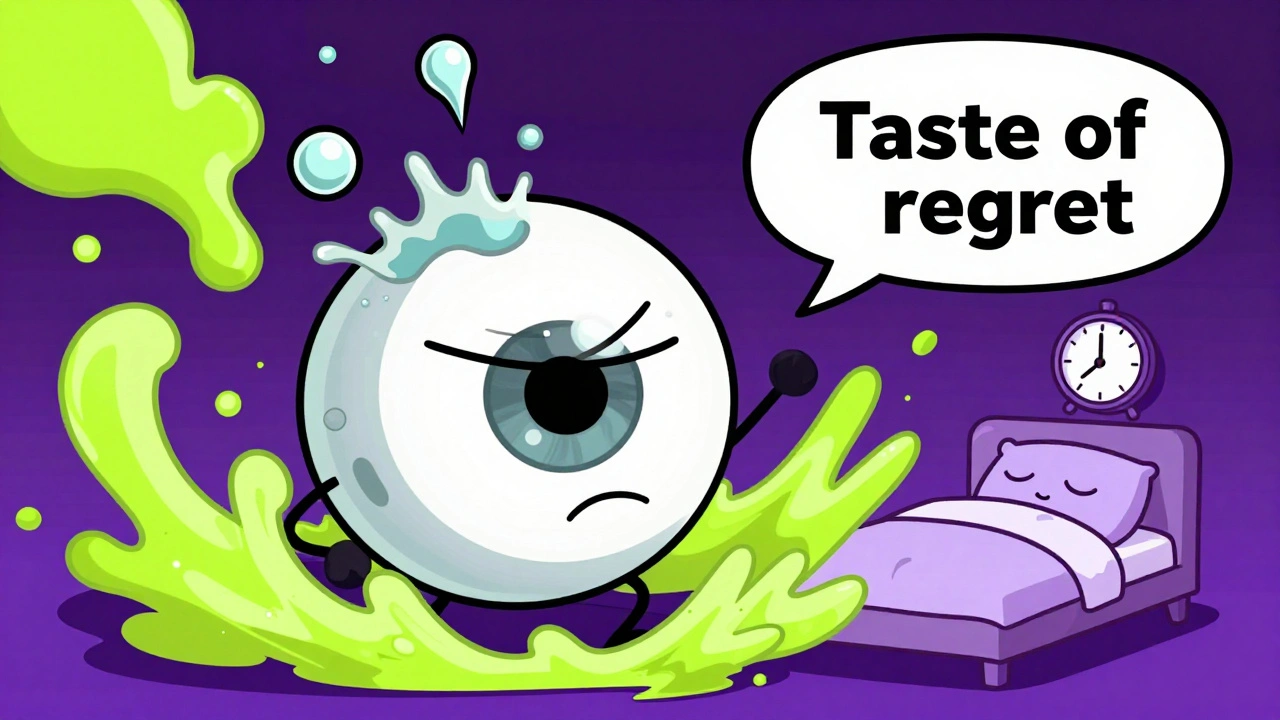 Eyeball with metallic taste bubble and lifitegrast drops causing neon waves, sleeping face in background, Adult Swim style.