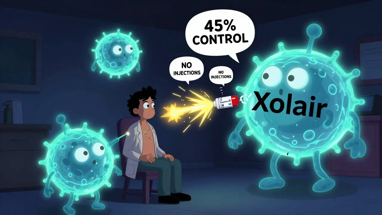 Immune cells attacking skin as a pill superhero defeats a giant IgE monster.