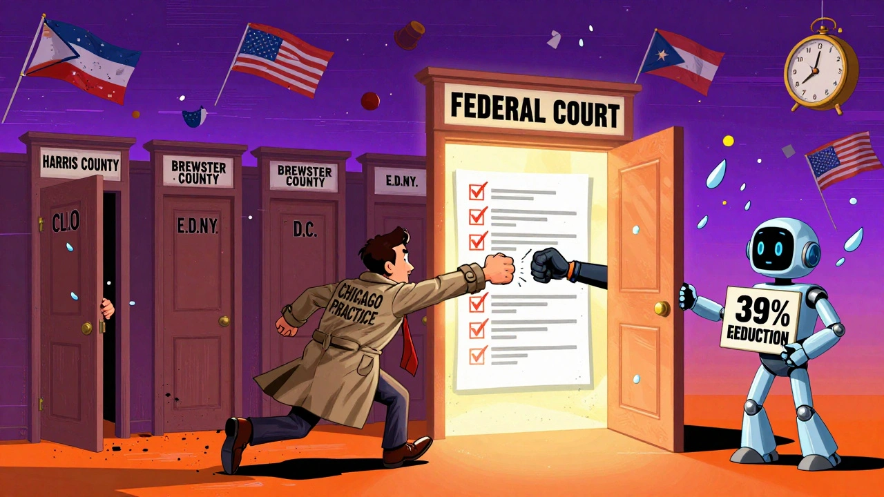 Lawyer running through maze of jurisdiction doors, chased by a giant federal checklist with punching checkmarks.