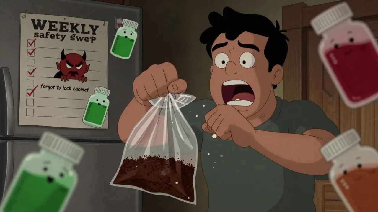 Parent crushing pills into coffee grounds in a sealed bag, pill bottles with faces floating nearby.