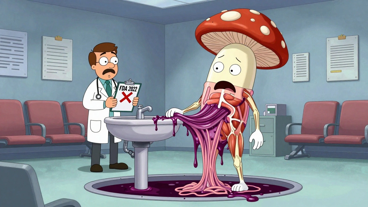 Patient with unraveling muscles and mushroom hat, dark fluid draining into kidney sink