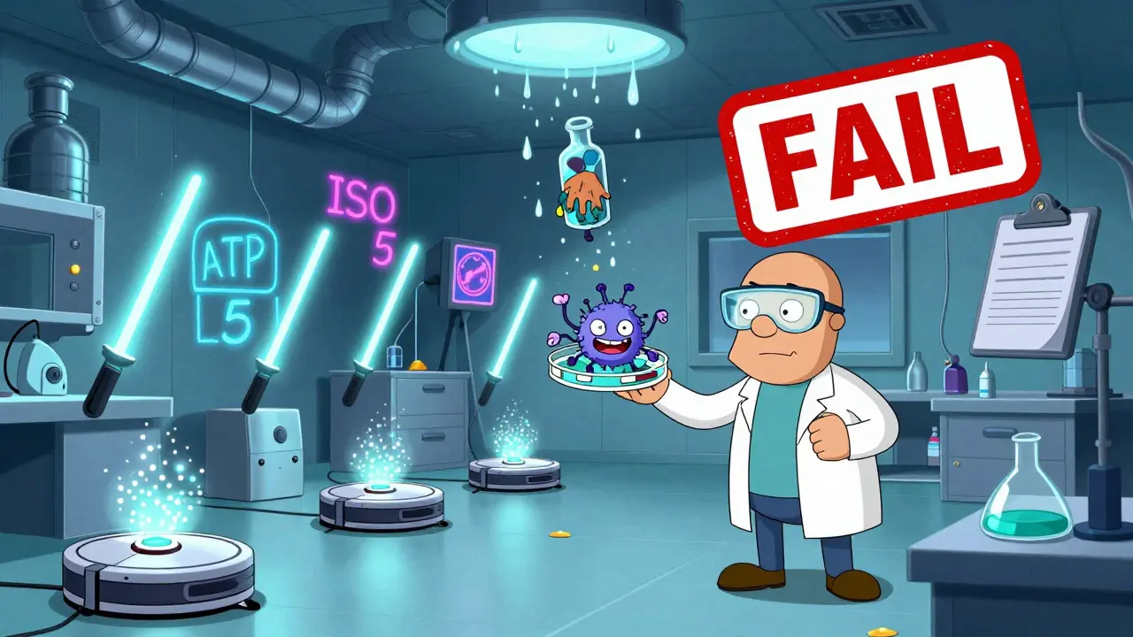 Pharmaceutical cleanroom with robotic air samplers and dancing microbes under neon warning signs.