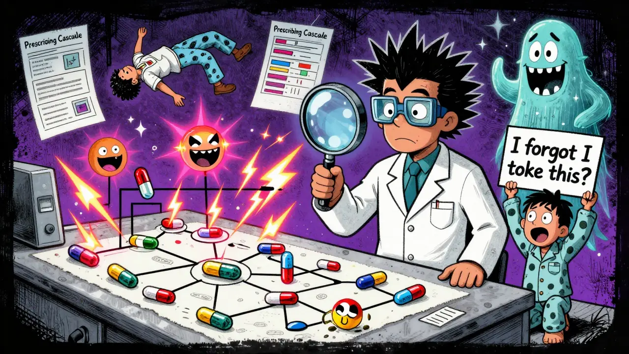 Pharmacist examining a wild flowchart of interacting medications with surreal medical chaos in background.