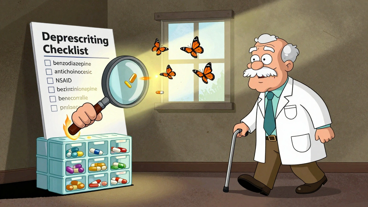 Pharmacist removing dangerous pills that transform into butterflies as senior walks free.