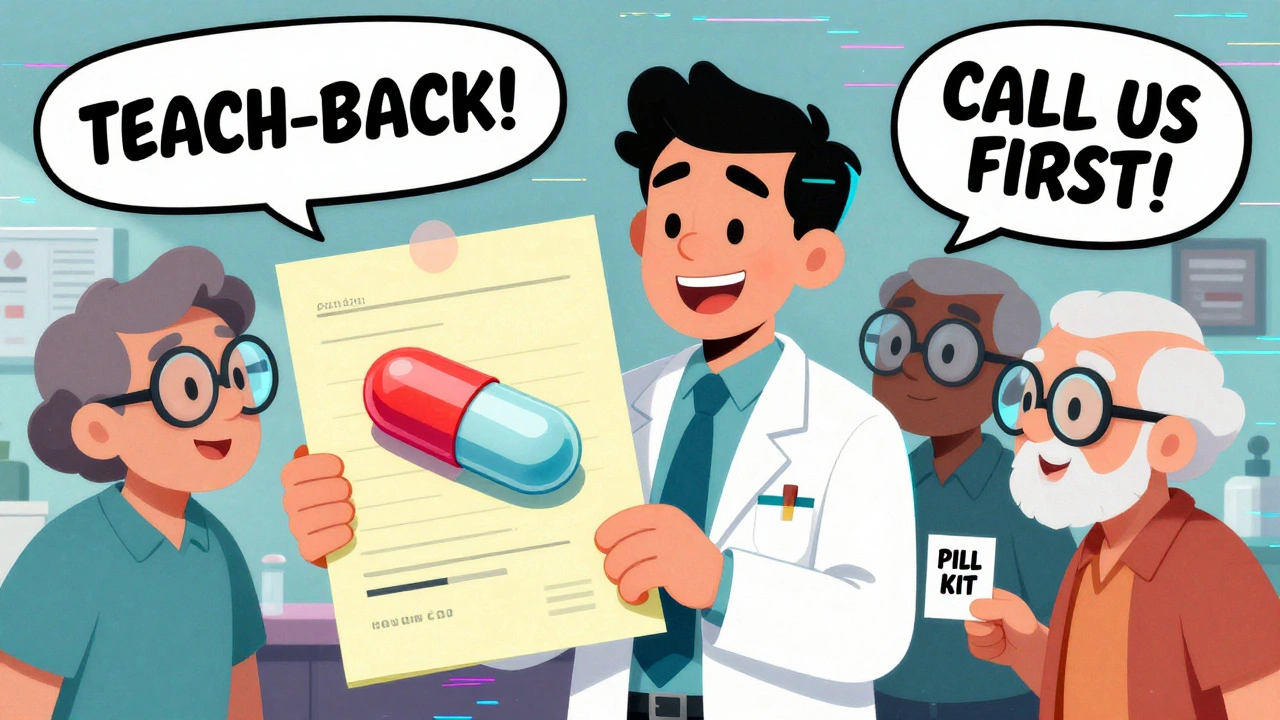 Pharmacist showing visual pill comparison card to parent and senior with floating advice bubbles