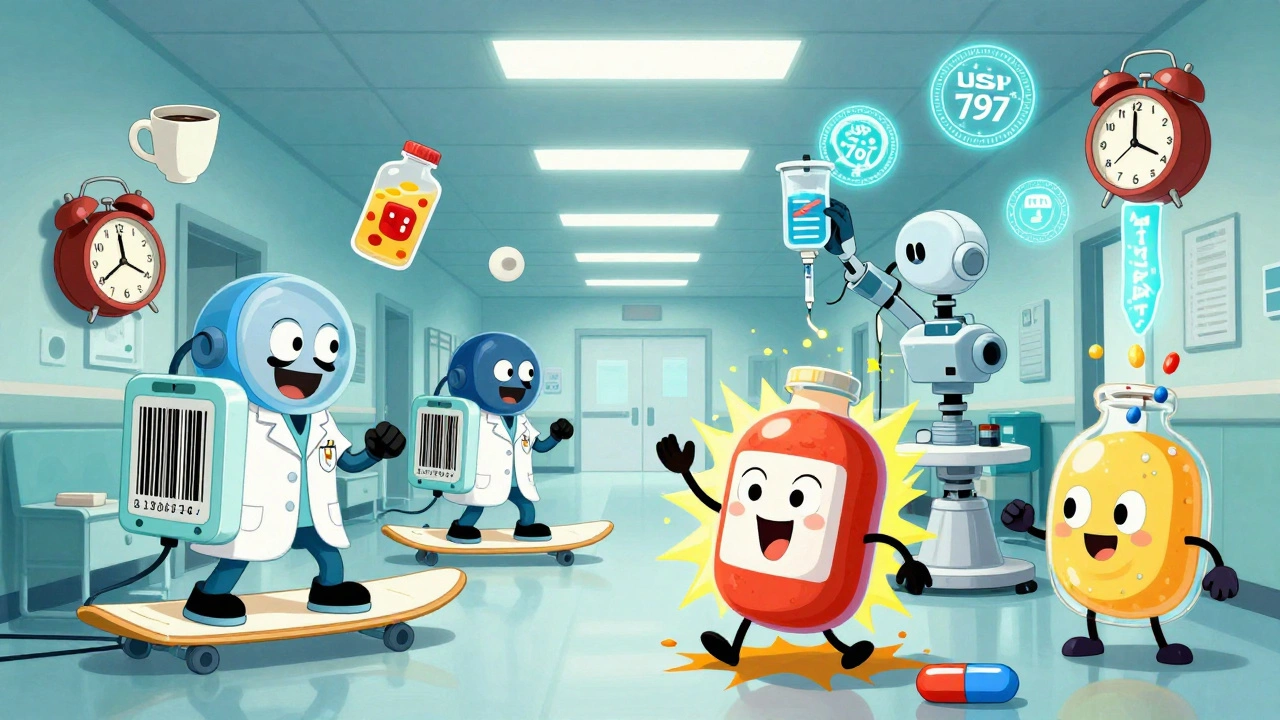 Pharmacists surfing barcode scanners while dodging exploding drug warnings in a retro-futuristic hospital.