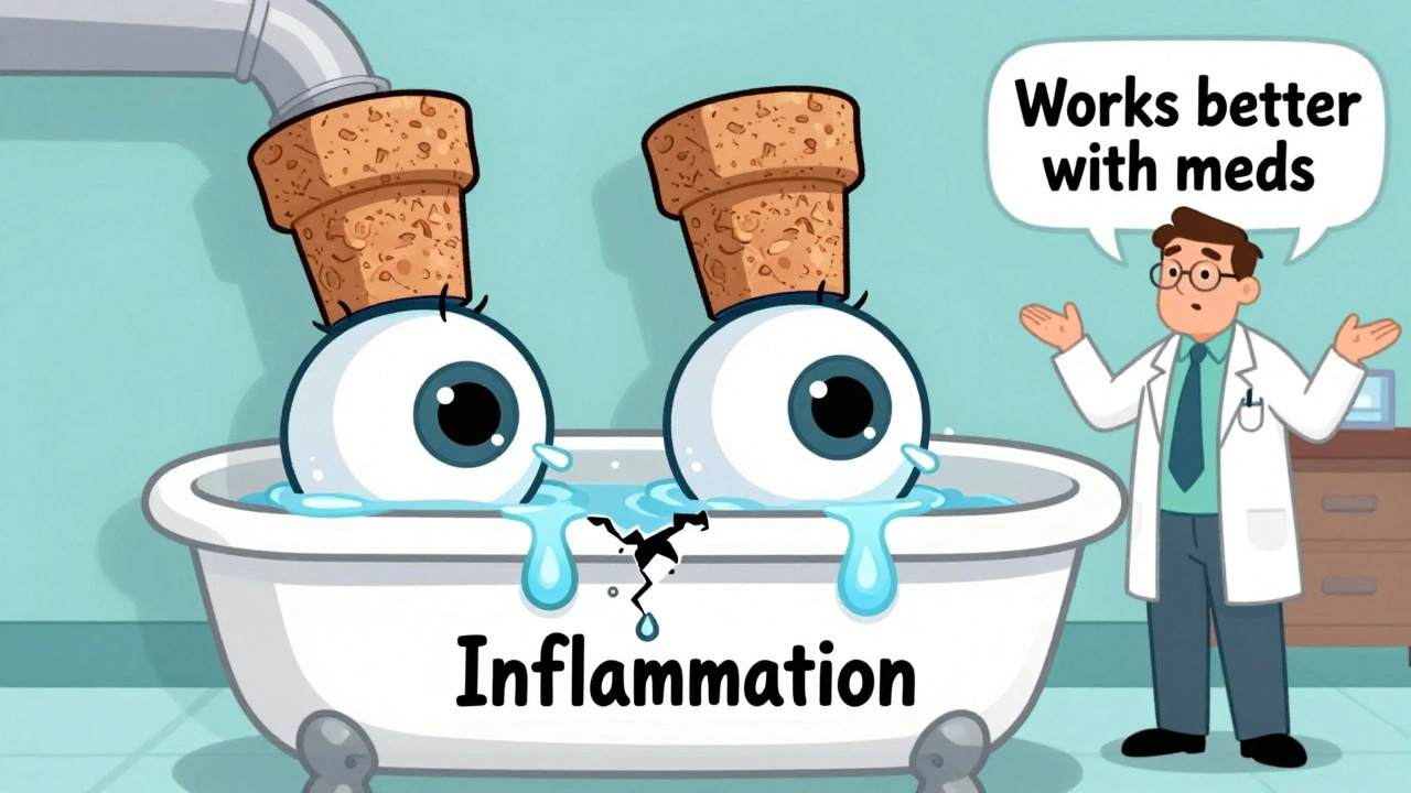 Punctal plugs as cork stoppers in tear ducts with pooled tears, angry tear droplets escaping, Adult Swim cartoon style.