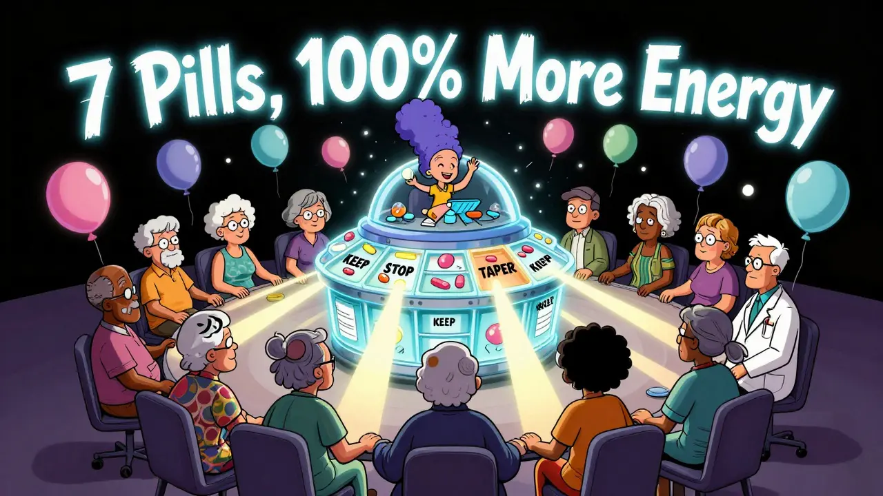 Seniors forming a circle around a pill organizer spaceship, turning side effects into deflating balloons.