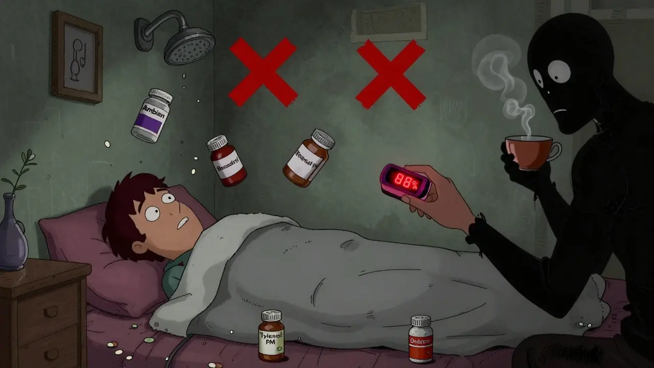 Someone in recovery position with a pulse oximeter showing low oxygen, floating pill bottles and crossed-out coffee and shower.