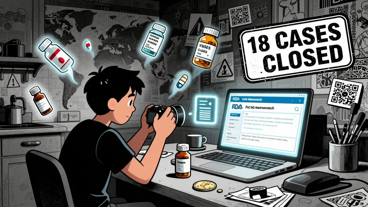 Someone photographing a fake drug bottle with a coin for scale, while digital FDA reports appear on a laptop screen.