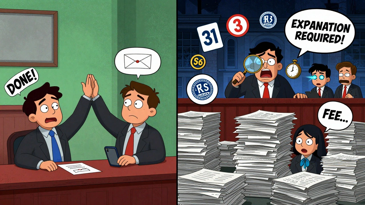 Split cartoon scene: relaxed state court high-five vs. chaotic federal court buried in paperwork.