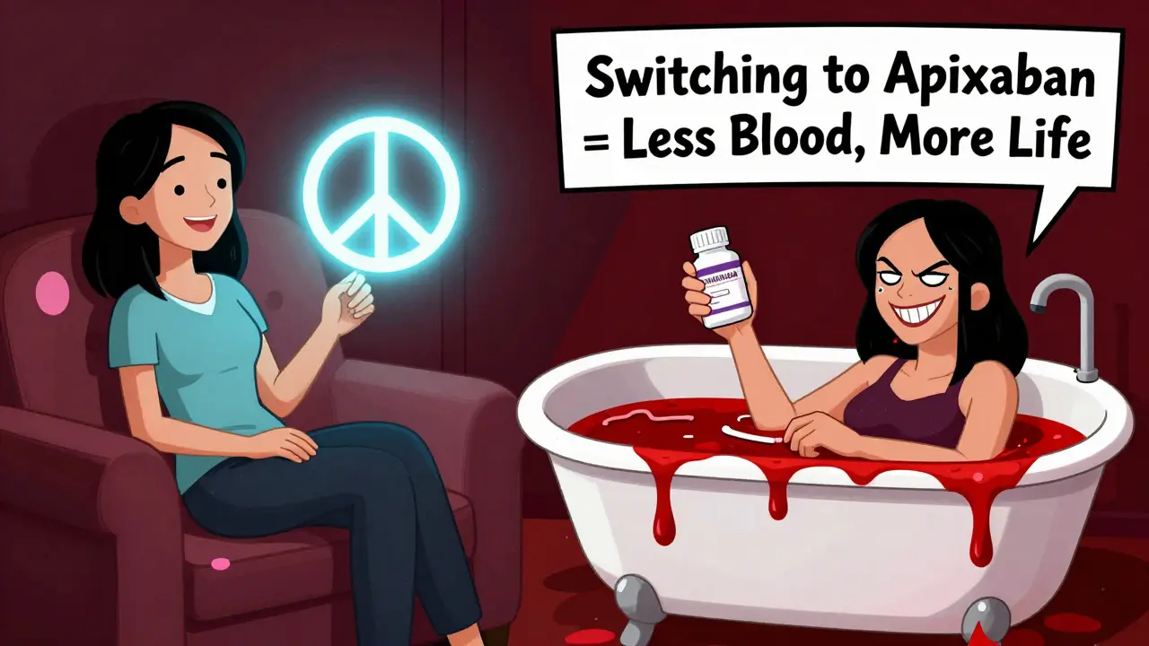 Split image: woman thriving with IUD vs. former self drowning in blood, symbolizing treatment success.