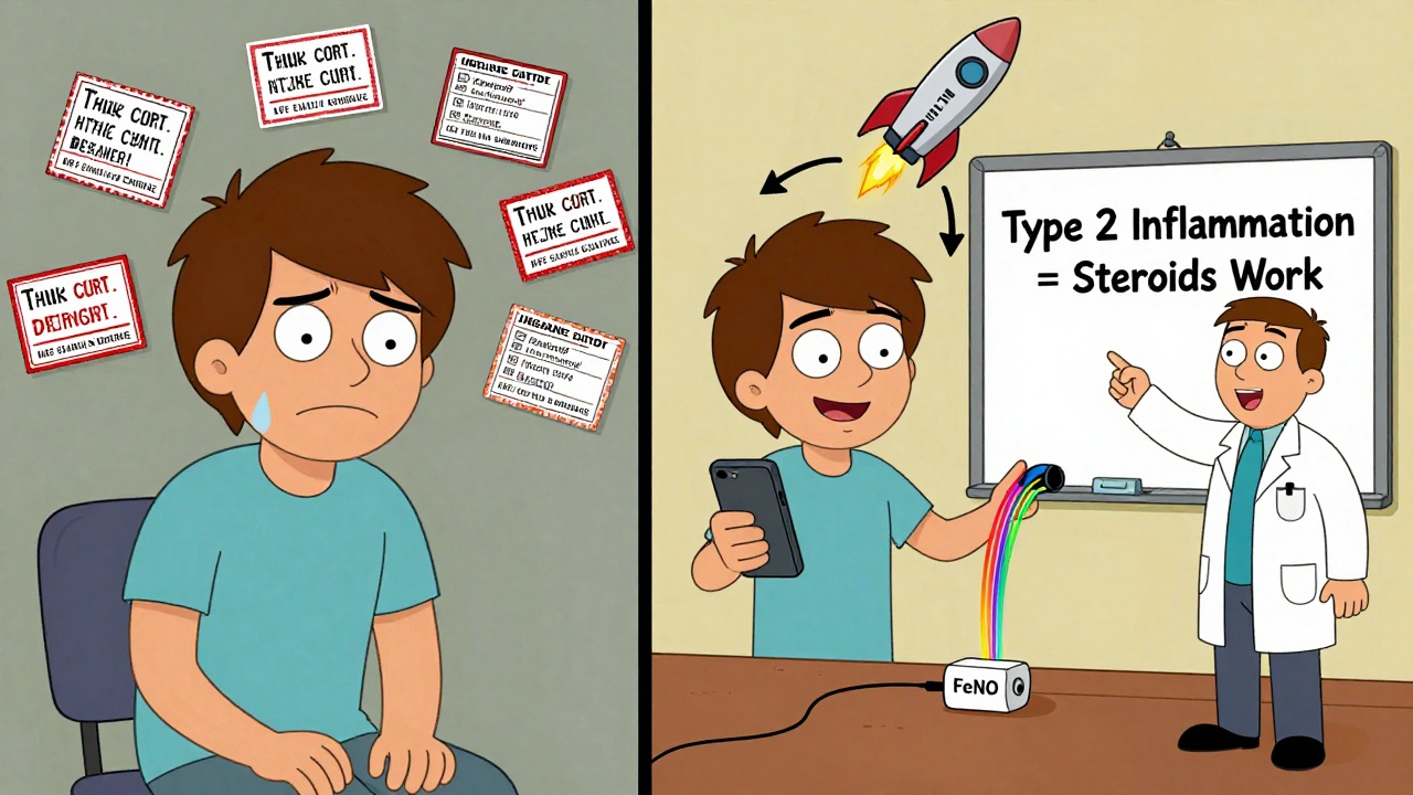 Split scene: frustrated patient with insurance denials vs. smiling patient with smartphone-connected FeNO device and biologic rockets.