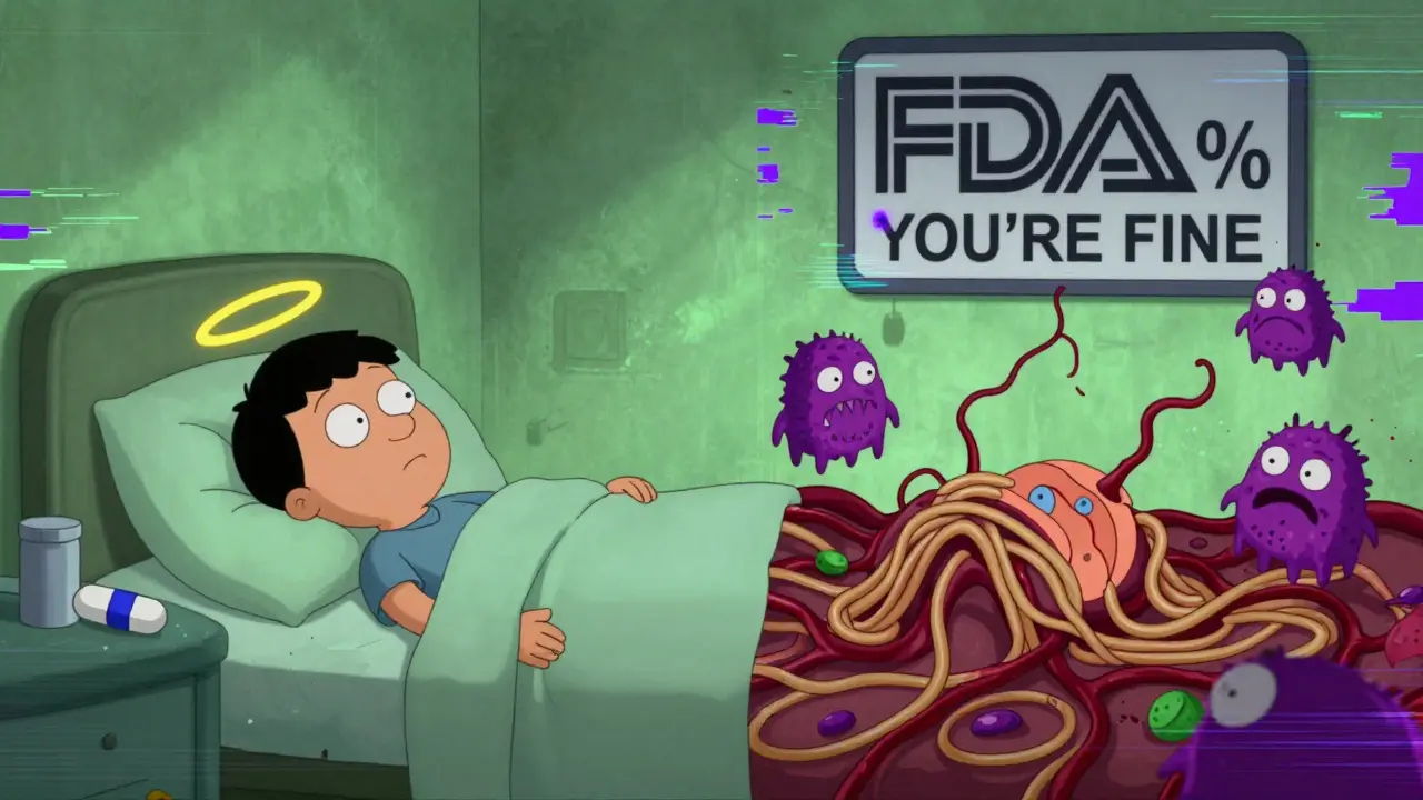 Split-screen showing a peaceful patient next to a branded pill versus another overwhelmed by anxiety monsters and fluctuating drug levels.