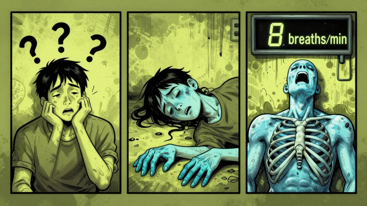 Three-panel cartoon showing stages of sedative overdose: confusion, physical collapse, and stopped breathing.