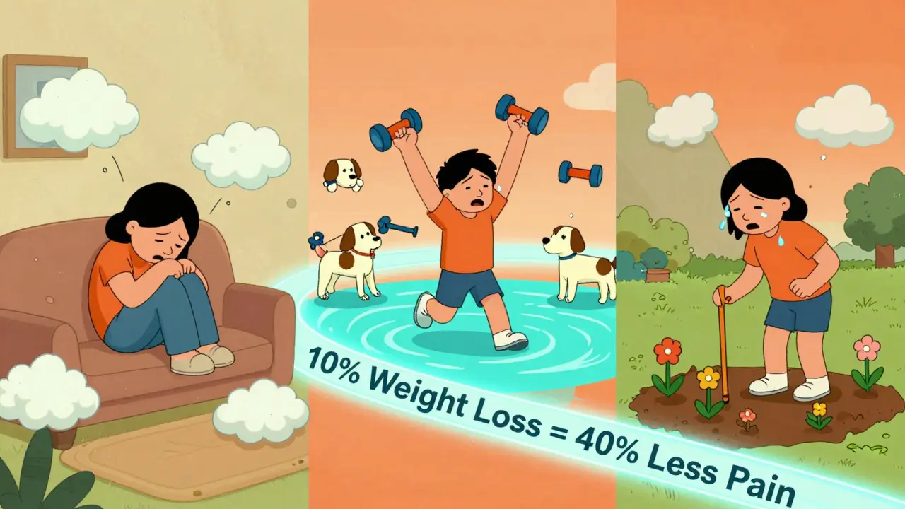Three parallel scenes showing pain, exercise, and recovery, connected by a glowing path labeled with weight loss benefits.