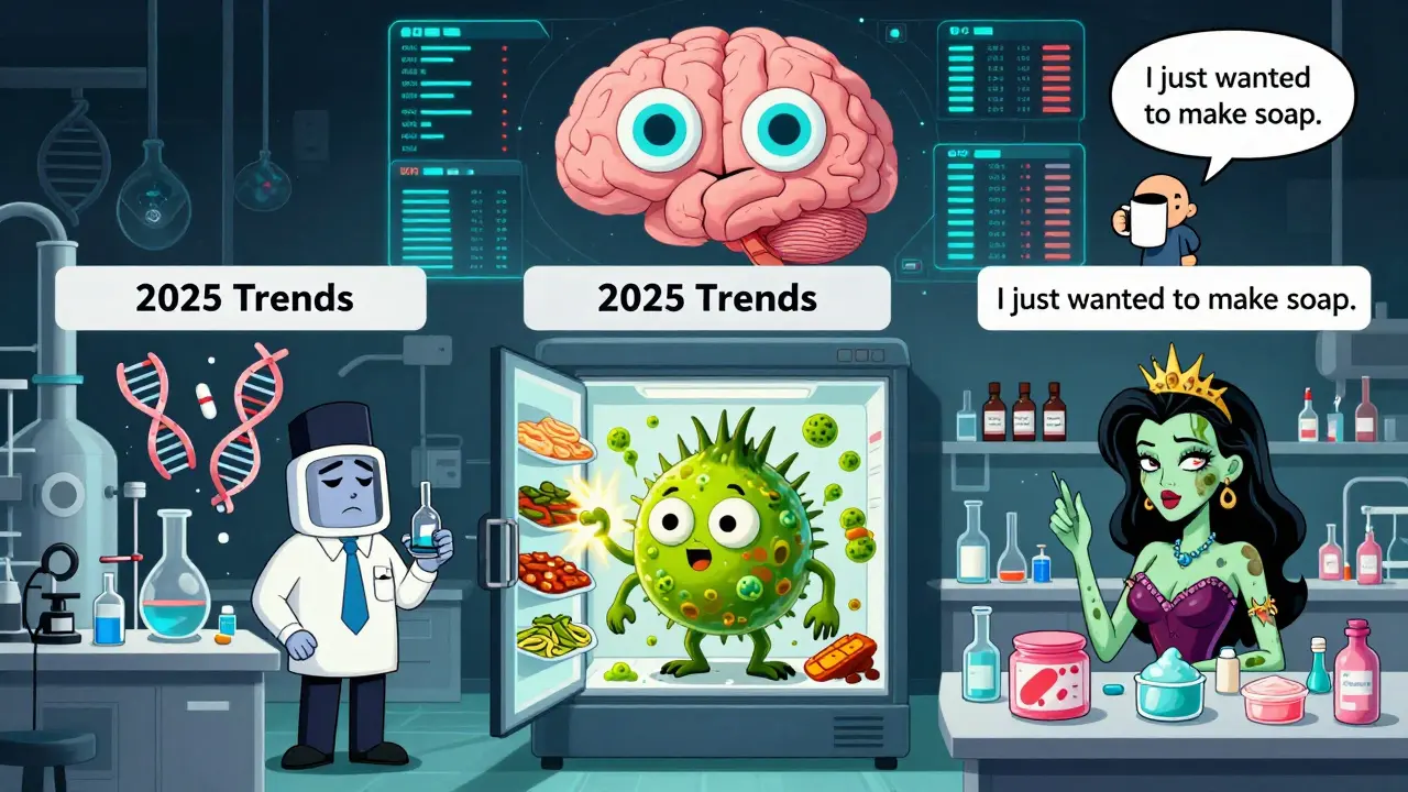 Three stylized factories: pharma, food, and cosmetics, each with personified contaminants and AI monitoring above.