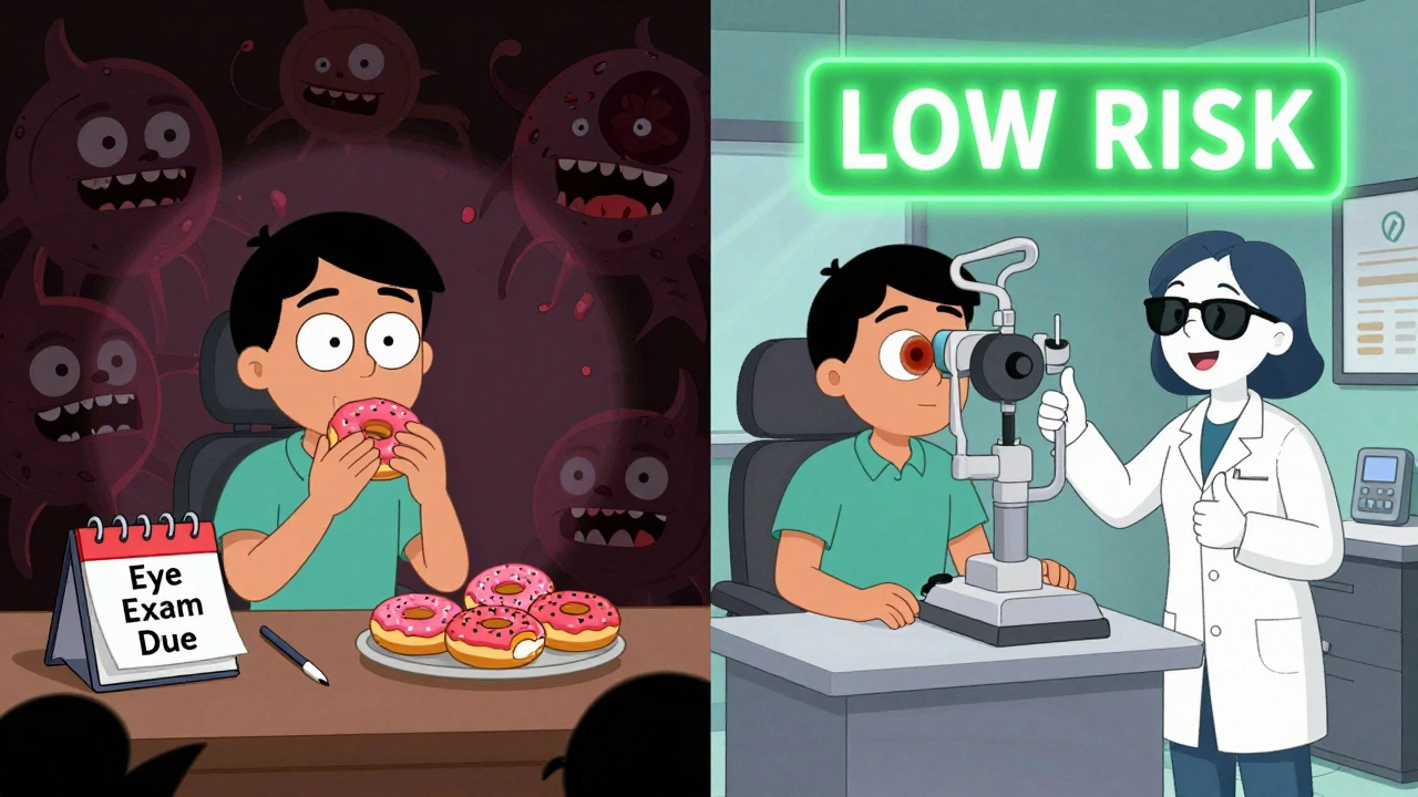 Two contrasting scenes: one person ignoring eye care surrounded by retinal monsters, another getting a retinal scan with a cheerful AI helper.