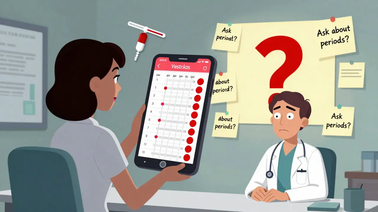 Woman in doctor's office showing period tracker app while doctor ignores menstrual health concerns.