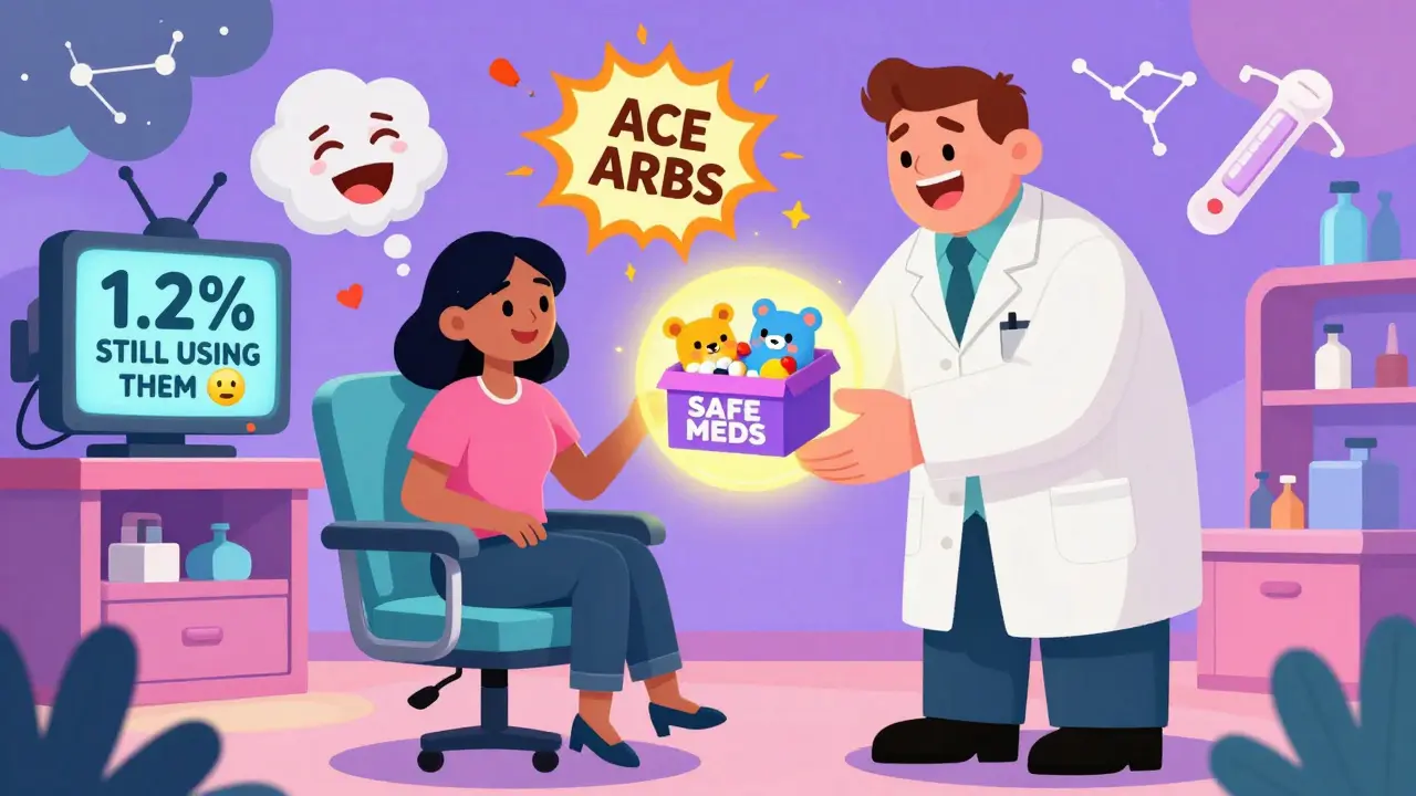 Woman receives safe pregnancy blood pressure meds as cuddly animals while dangerous drugs explode behind her.