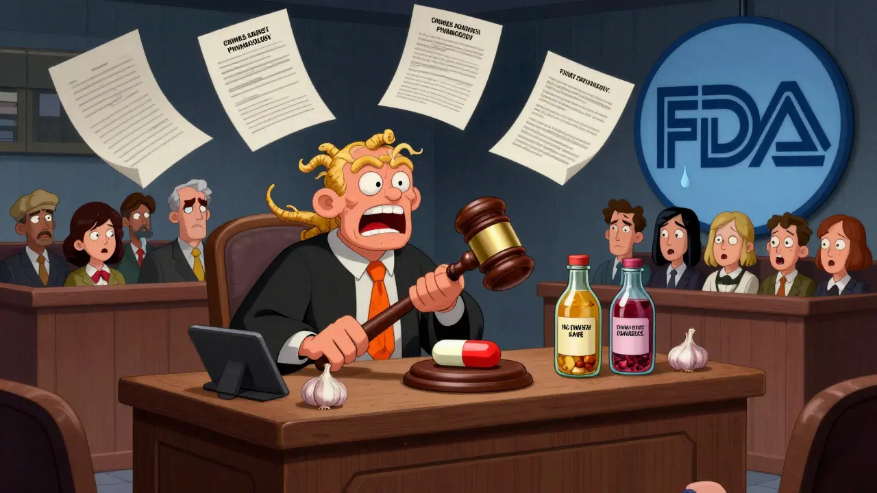 A courtroom where herbs are on trial for interfering with medications, judged by a goldenseal root.