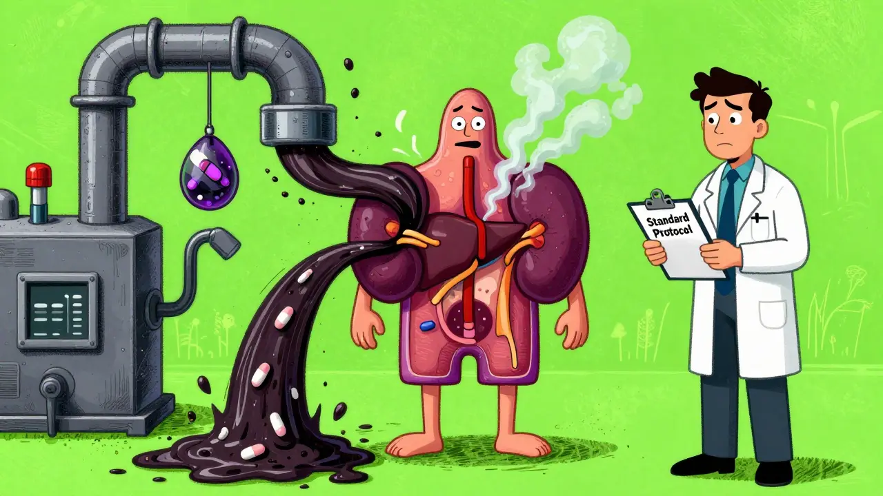 A diabetic body as a broken factory with toxic pills causing organ failure, in Adult Swim art style.