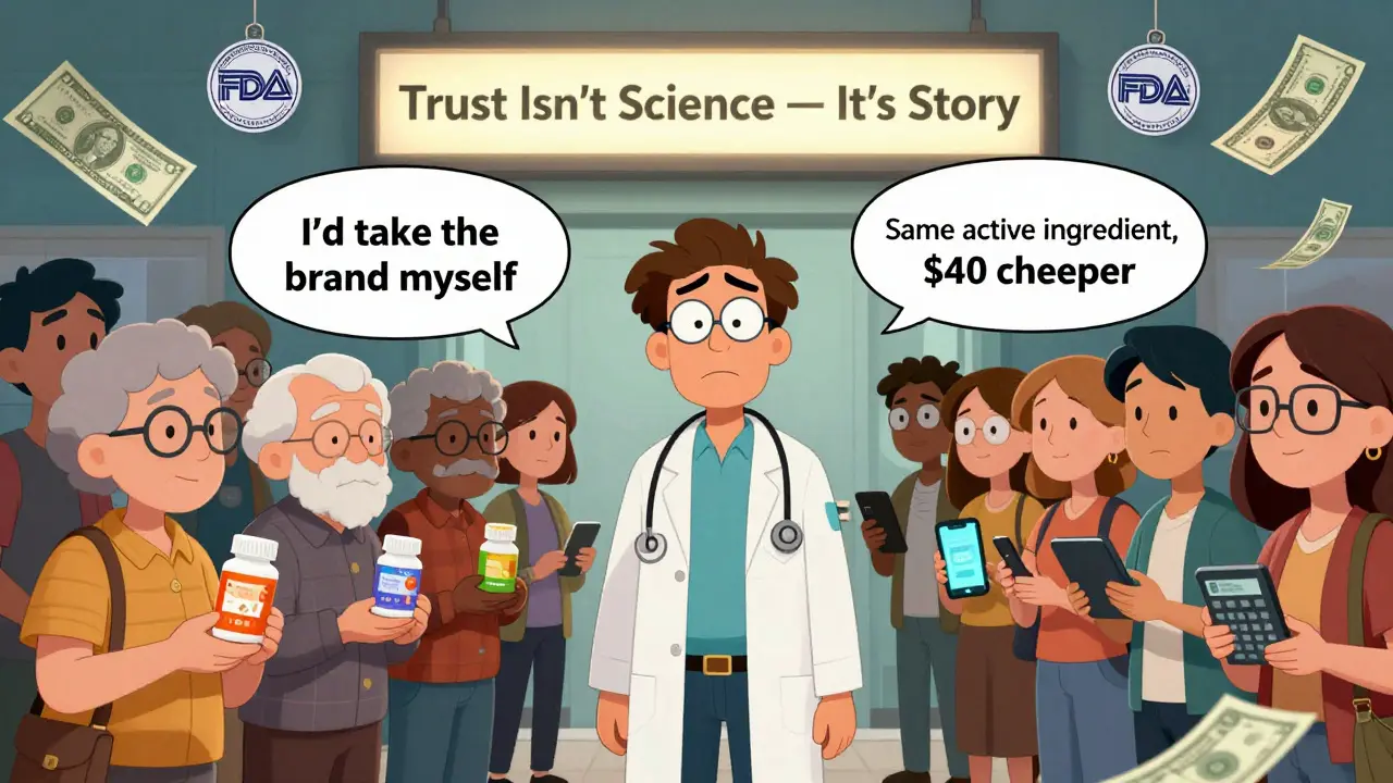 A doctor caught between older patients clinging to branded pills and younger people using apps, with floating FDA stamps and dollar signs.