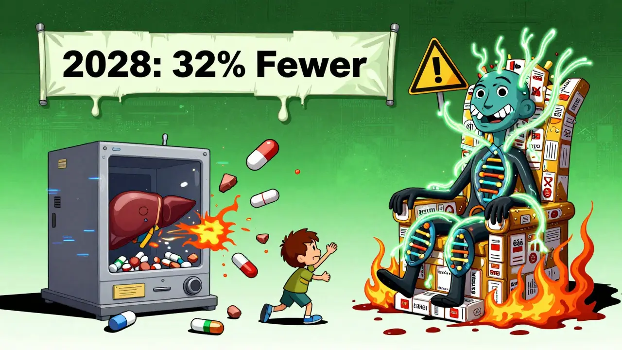 A genetic variant character rules over a collapsing drug interaction machine, with muscle and liver damage exploding around.