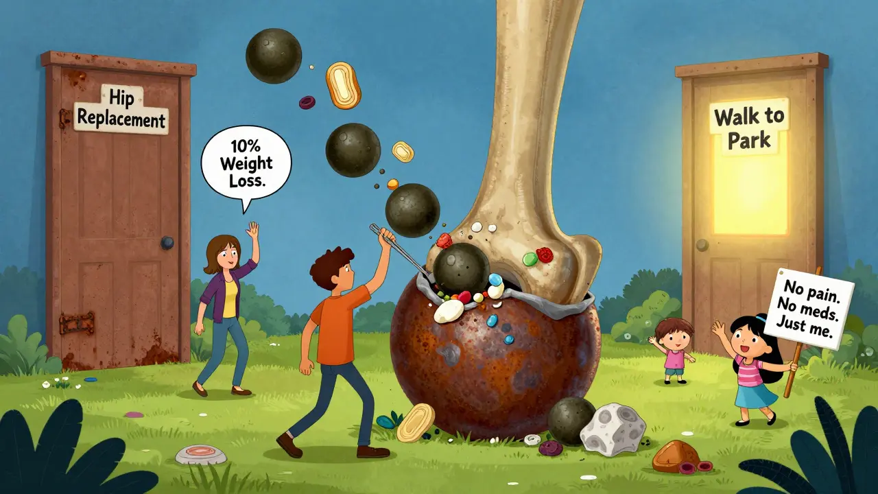 A giant hip joint being fed junk food, one person removing pounds with tweezers as a 'walk to park' door glows.