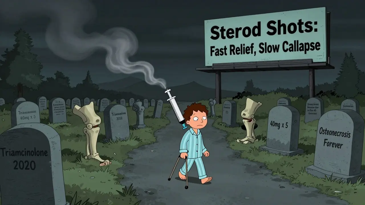 A graveyard of broken joints with tombstones marking steroid doses, as a tired patient walks away holding a syringe cane.
