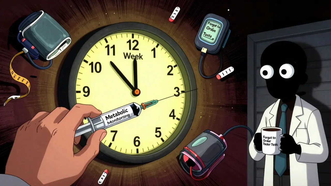 A hand injecting a syringe into a clock face marked with metabolic checkup weeks, surrounded by floating health tools.