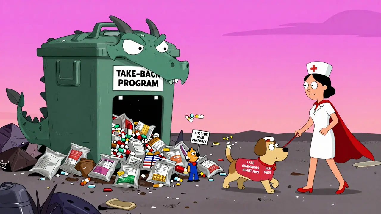 A landfill with sealed med bags and a giant take-back bin swallowing pills.