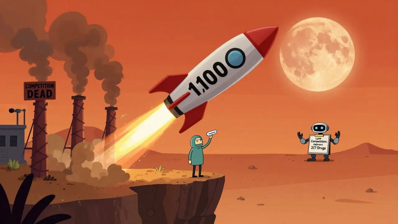 A lone manufacturer holds a pill as a 1000% price rocket blasts off, with signs of dead competition in a desert under a blood moon.