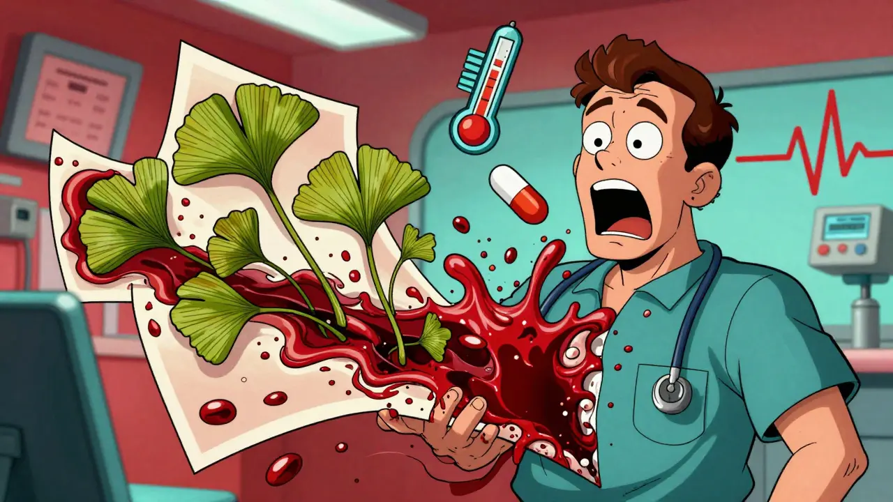 A man’s body bleeding cartoonishly as ginkgo leaves grow in his veins, with a screaming warfarin tablet.