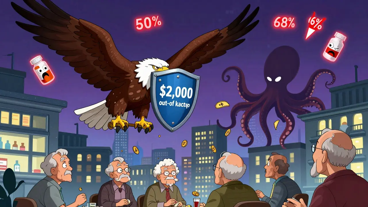 A Medicare eagle drops coins to seniors while a PBM octopus steals most of the money in a surreal pharmacy city.