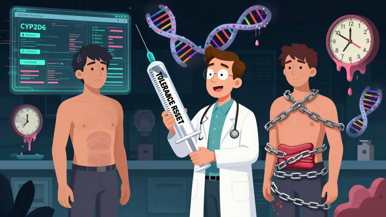 A patient's body split between adapted and unadapted side effects, with AI alerts and DNA mutations in background.