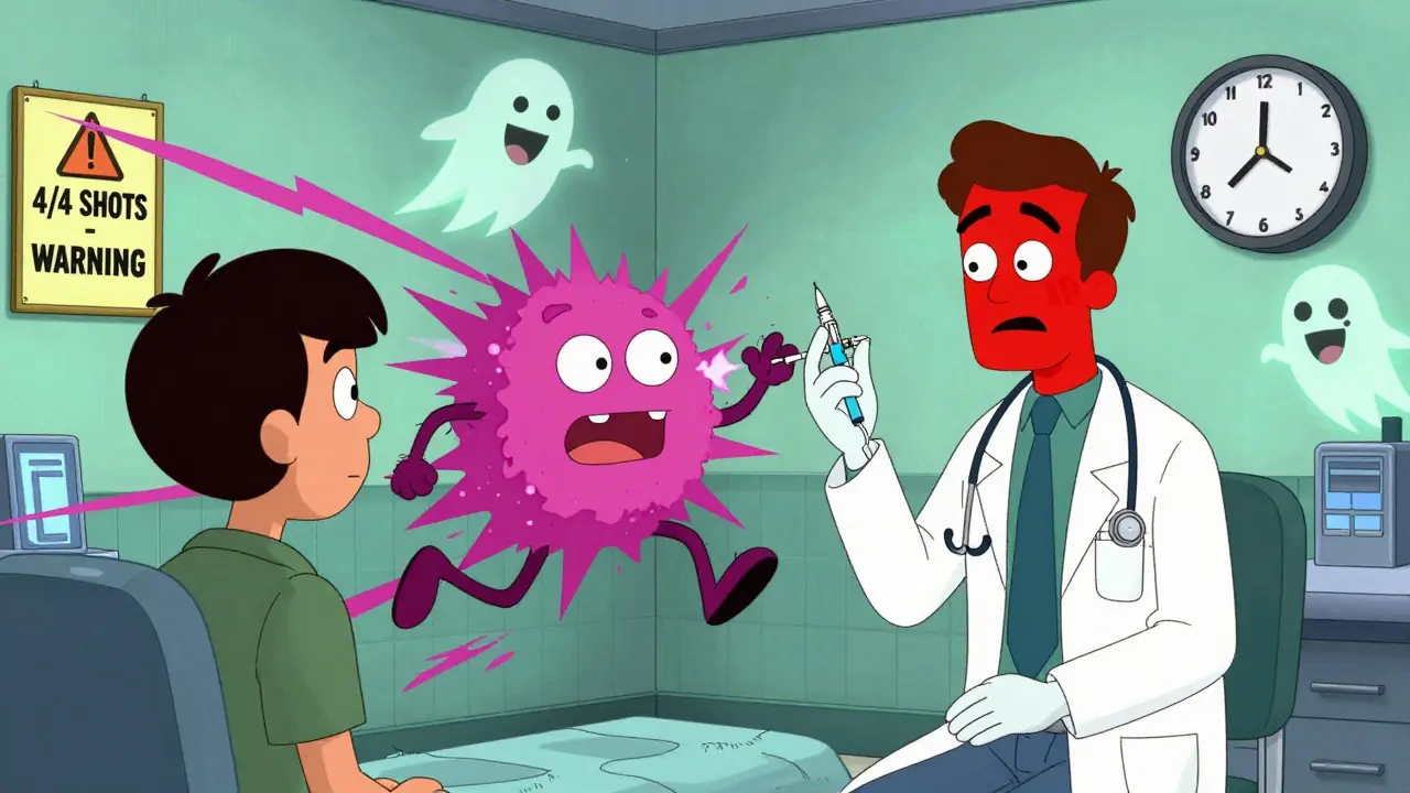 A patient's body transforms into a cartoon glitch with flushed face, crumbling bones, and glucose monsters after multiple steroid shots.