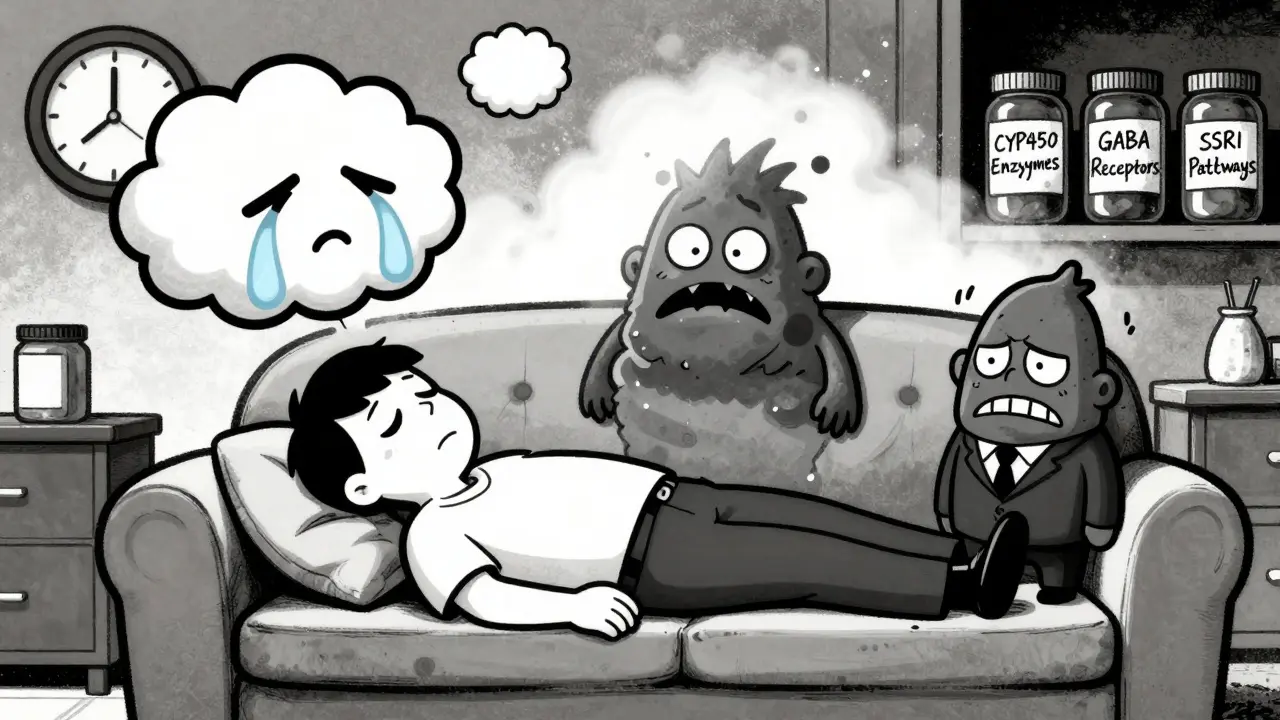 A patient surrounded by cartoon side effects—some fading, one goblin refusing to leave—with labeled biological systems.
