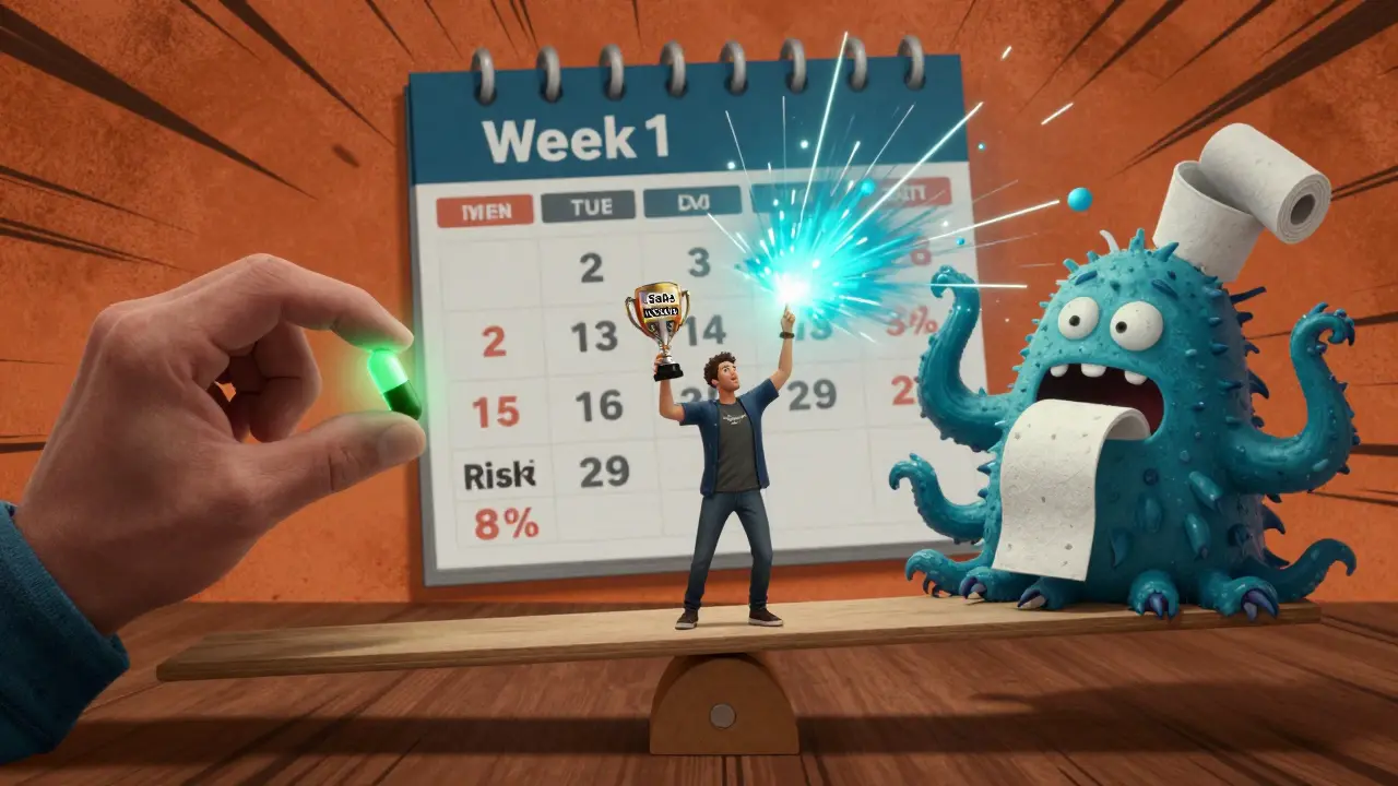A person holding a 'Safe NSAID' trophy on a seesaw between a stomach-protecting pill and a diarrhea monster, with a risk calendar exploding behind them.