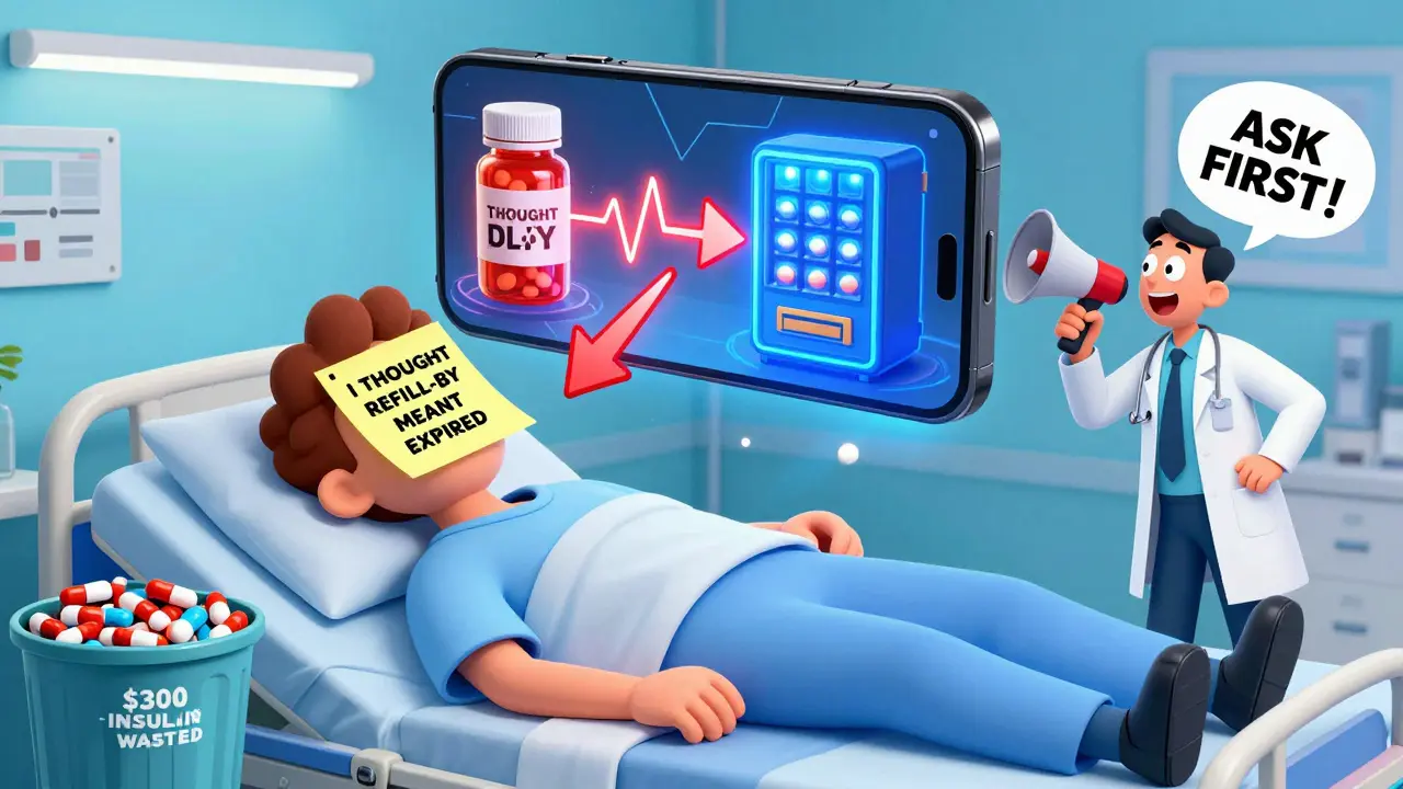 A person in a hospital bed has a sticky note on their forehead, with an AR overlay highlighting two dates on a floating pill bottle.