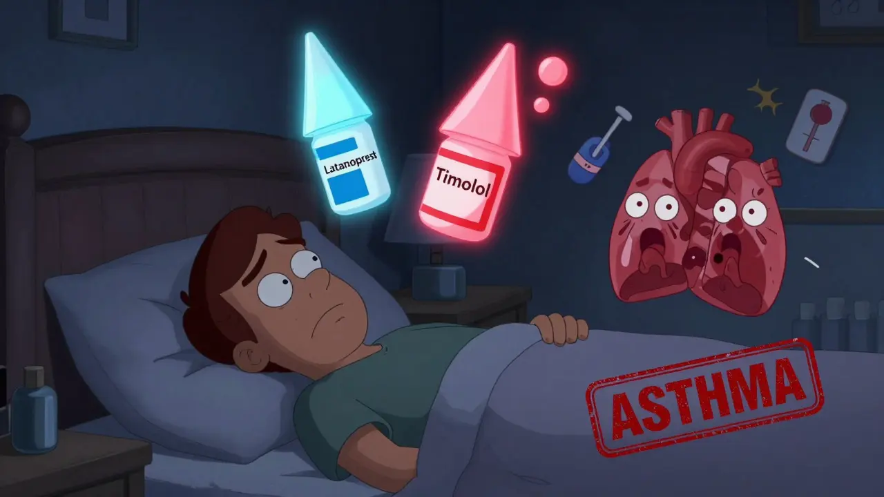 A person in bed with floating eye drops—one calm, one chaotic—while heart and lung icons panic nearby.