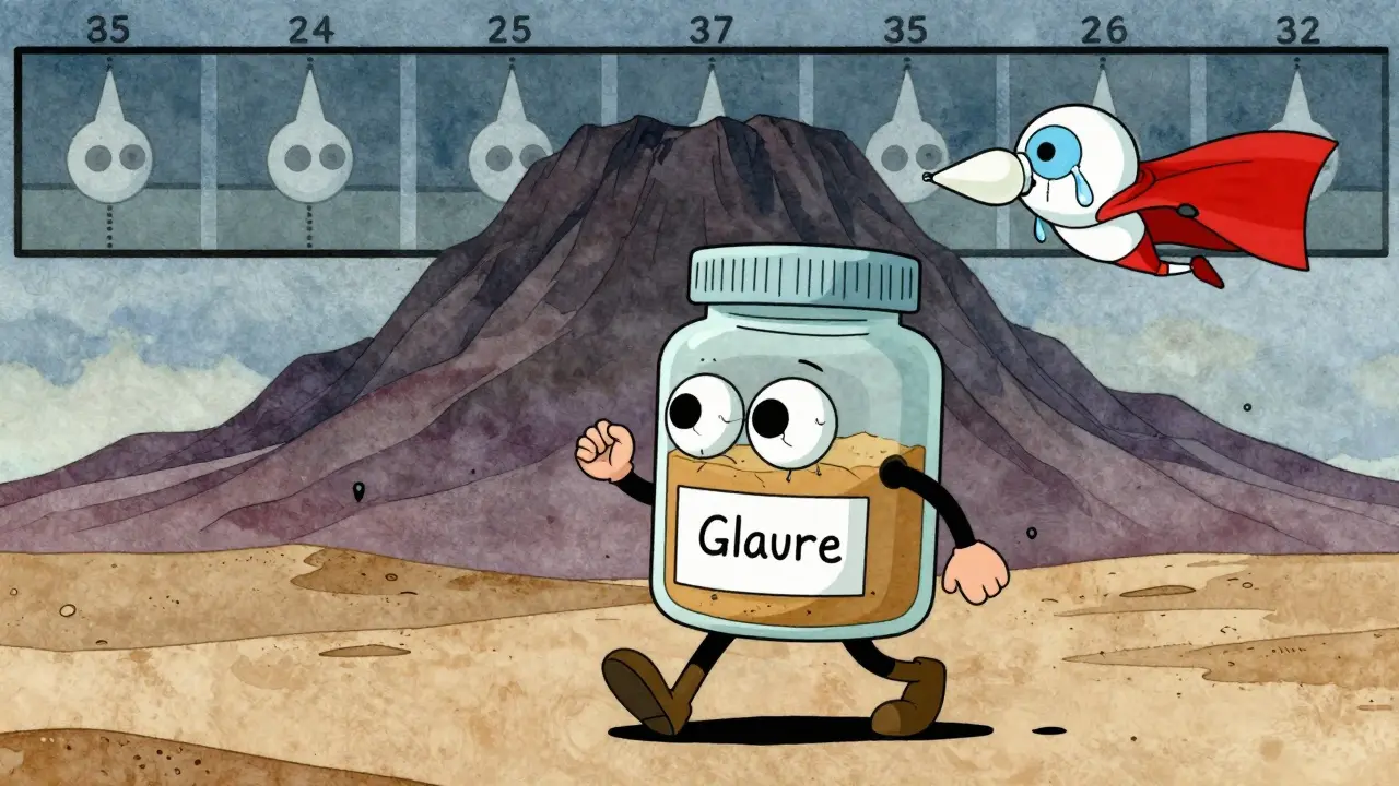 A person made of eye drops with dry eyes, rescued by a preservative-free superhero with tear-shaped cape.