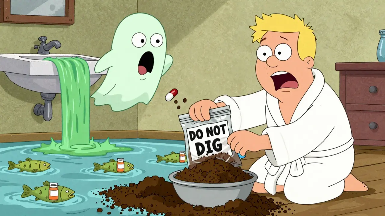 A person mixing pills with coffee grounds into a sealed bag, ghostly pill screaming.